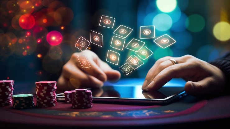 Antarmuka meja Bandar Poker di wayang slot menampilkan kartu pemain, dealer, dan kontrol taruhan